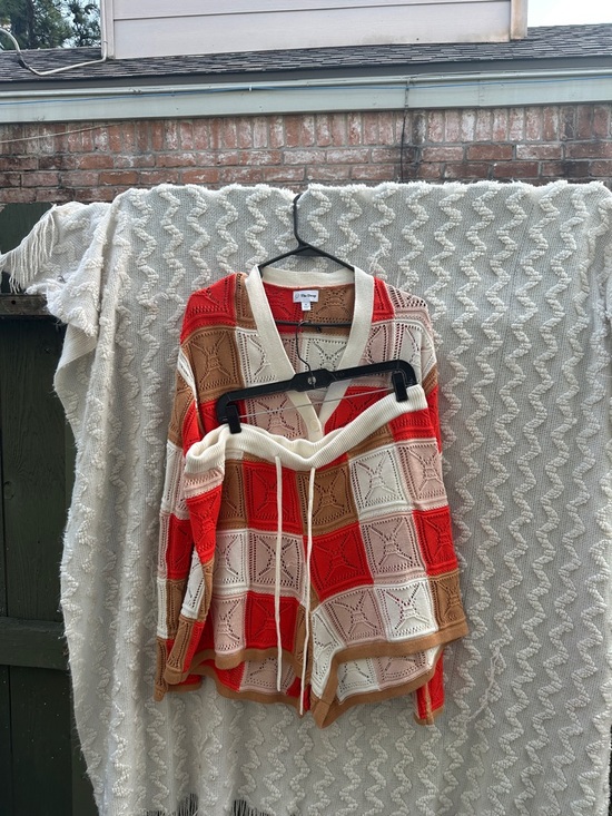 The Drop Sweaters - Open-Knit Patchwork Cardigan Sweater - Cream Red Tan